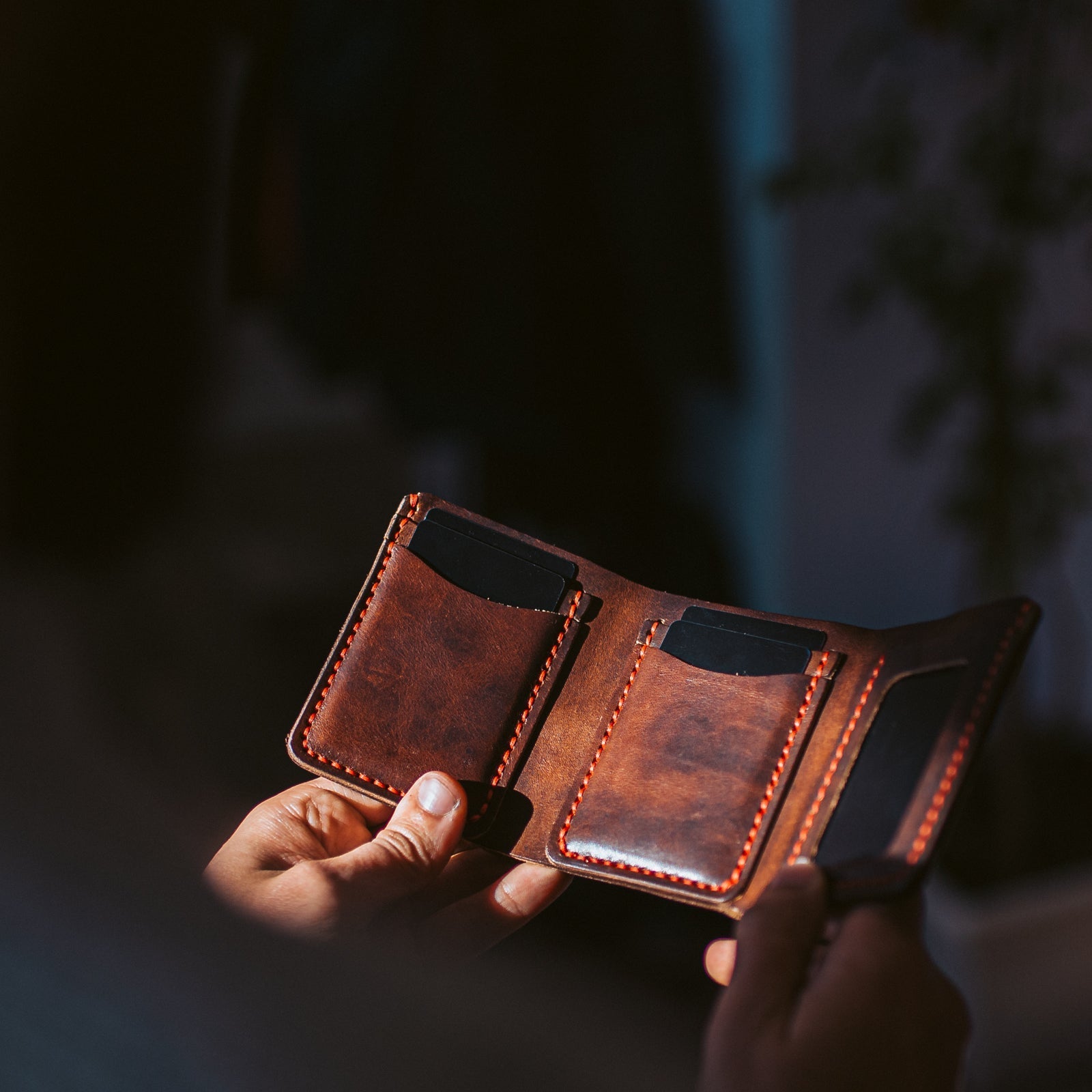 Trifold Leather Wallet with Red Stitching