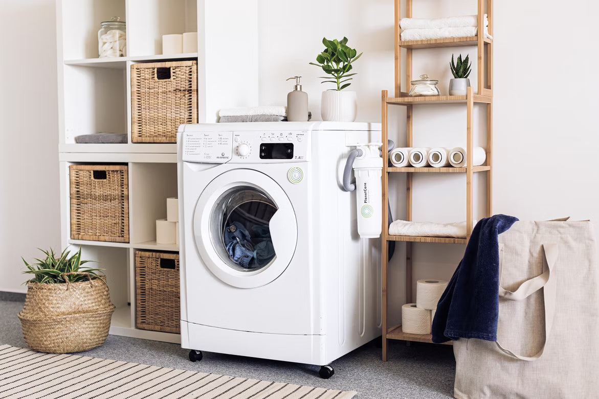 A white front-load washing machine