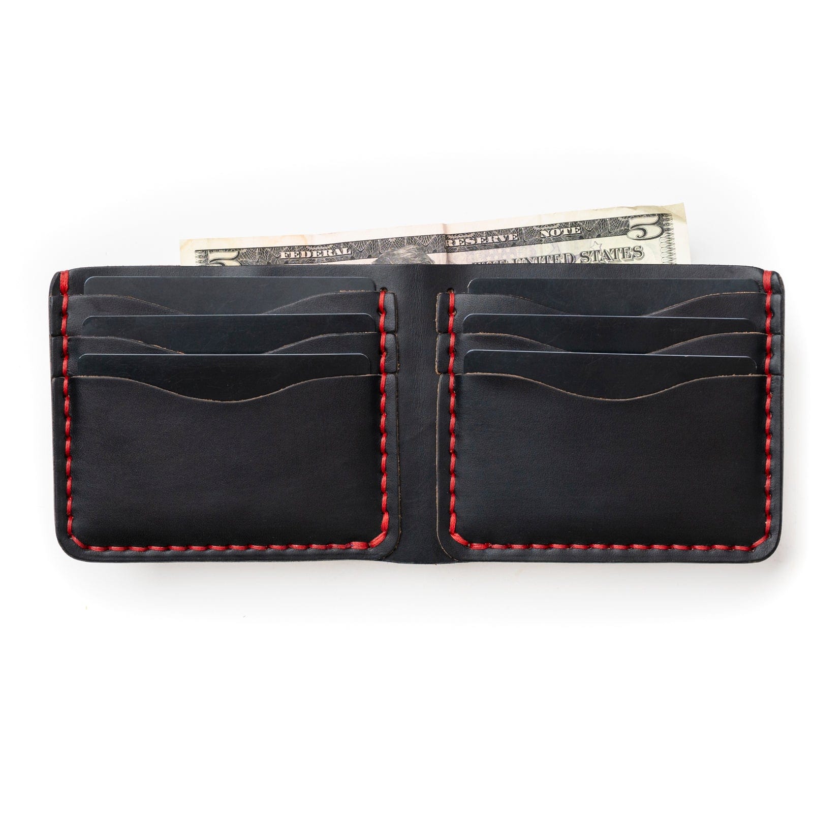 Bifold handmade horizontal leather wallet, made in online Pueblo leather in black, handstitched in black thread. The Manitoba.